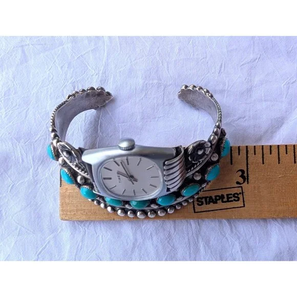 Navajo Sterling Silver & Turquoise Watch Bracelet E. Anderson Non Working 49.5g - Picture 3 of 12